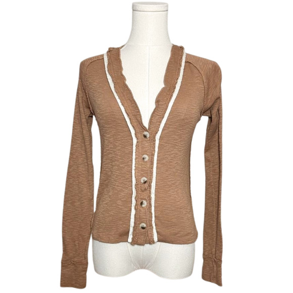 Free People Sweaters - Free People Tan Brown Button-Up Ruffle Trim Cardigan
